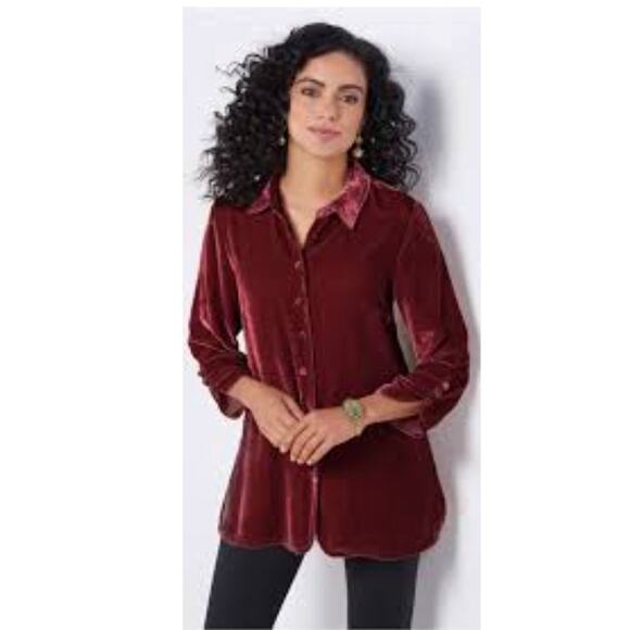 Burgundy Women's Velvet Button Up Long Button Sleeve Boyfriend Tunic, L - Picture 1 of 8